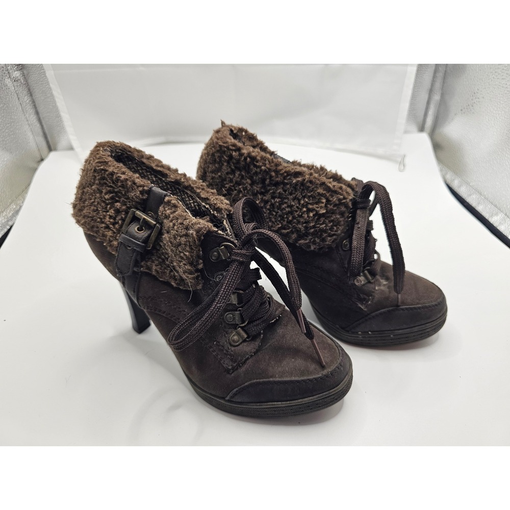 Brown Faux Suede Lace Up Faux Fur Trim Ankle Booties Platform Heels Size 7